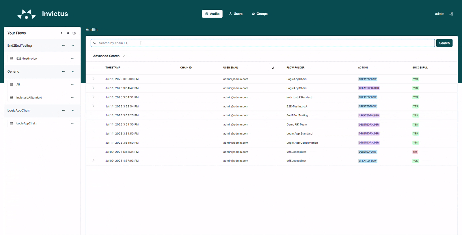 Searching for audits with Chain ID and &#39;Advance pane&#39;